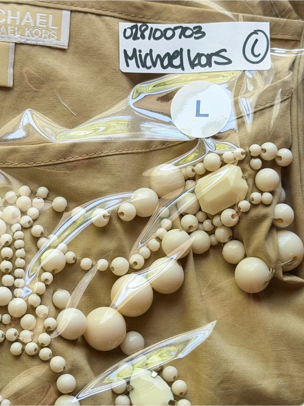 Michael Kors Embellished White Neckline Top L Beige Tan Sleeveless Blouse EUC